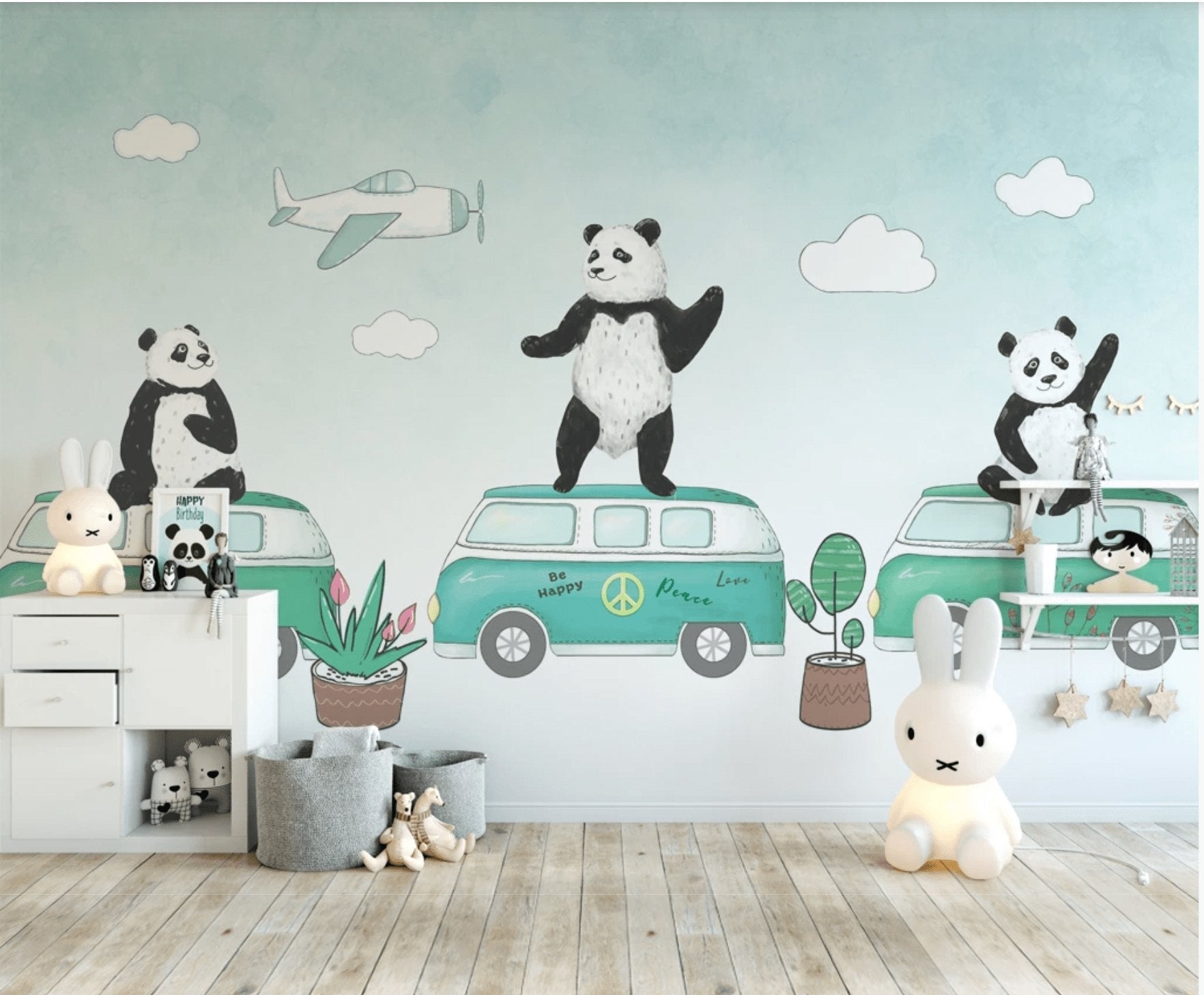 Papier peint panoramique enfant panda rigolo - papier peint sur mesure francais - muralconcept