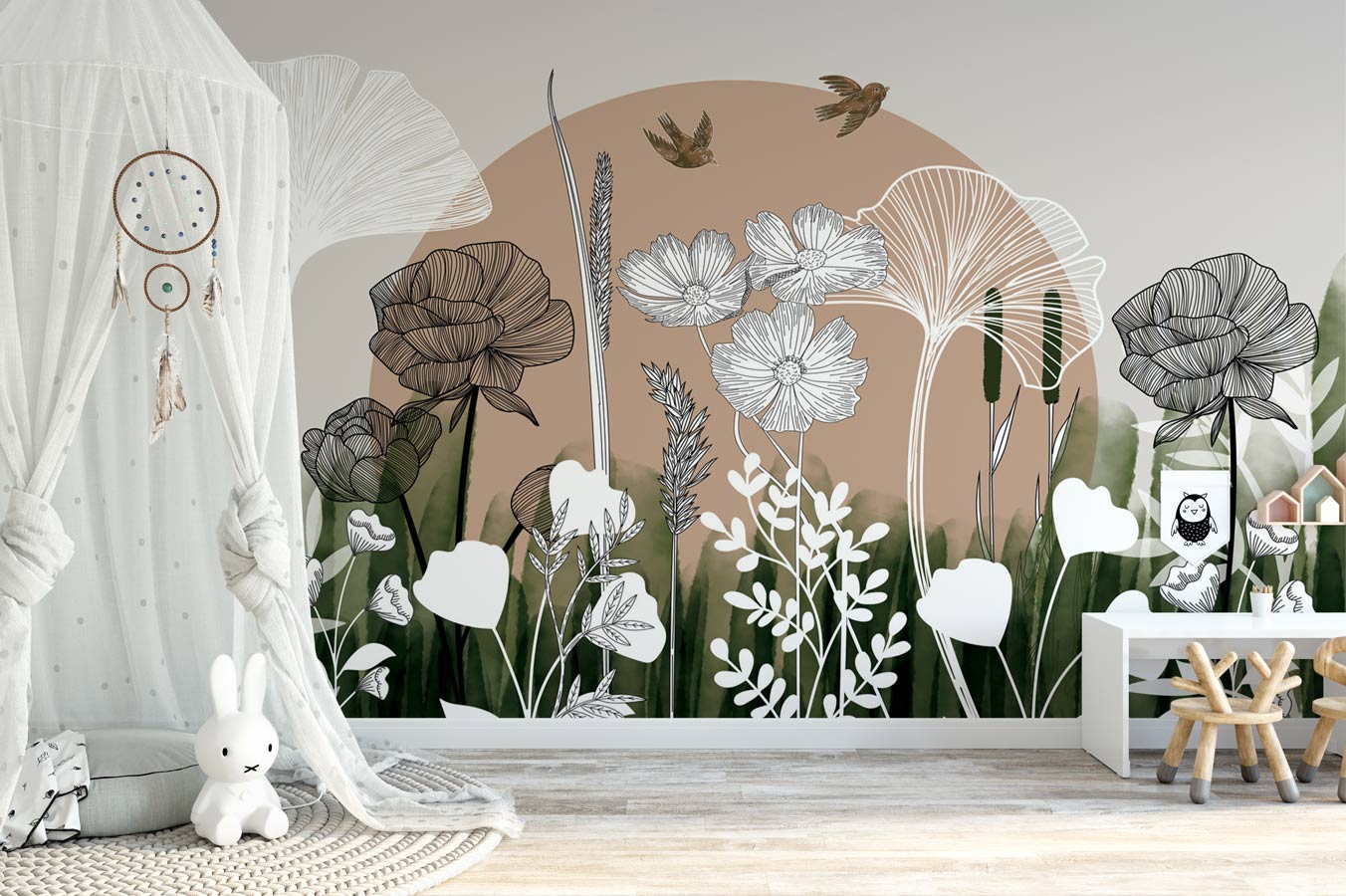 Papier peint panoramique illustration florale - papier peint sur mesure francais - muralconcept