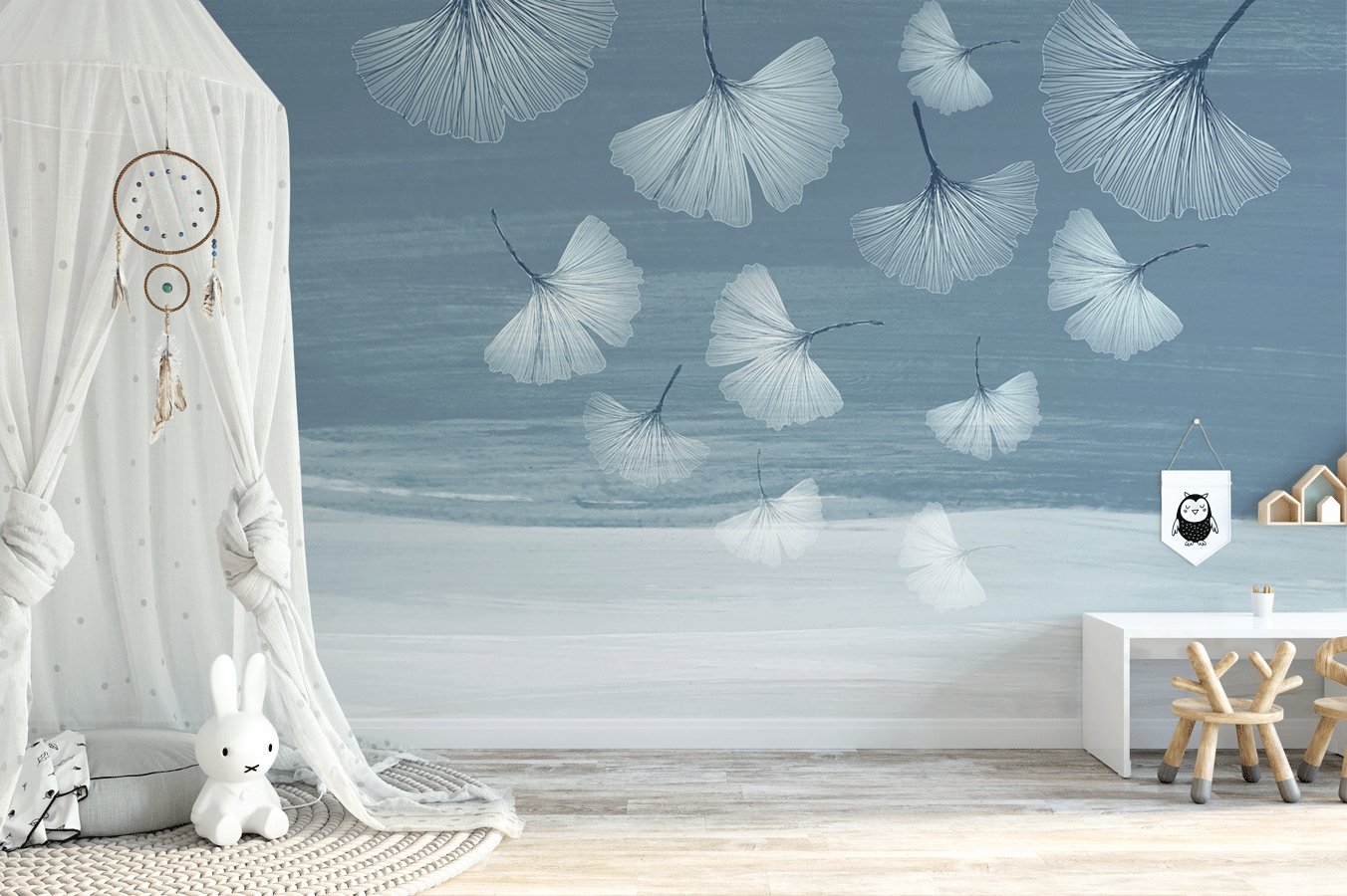 Papier peint panoramique japandi blue gingko - papier peint sur mesure francais - muralconcept