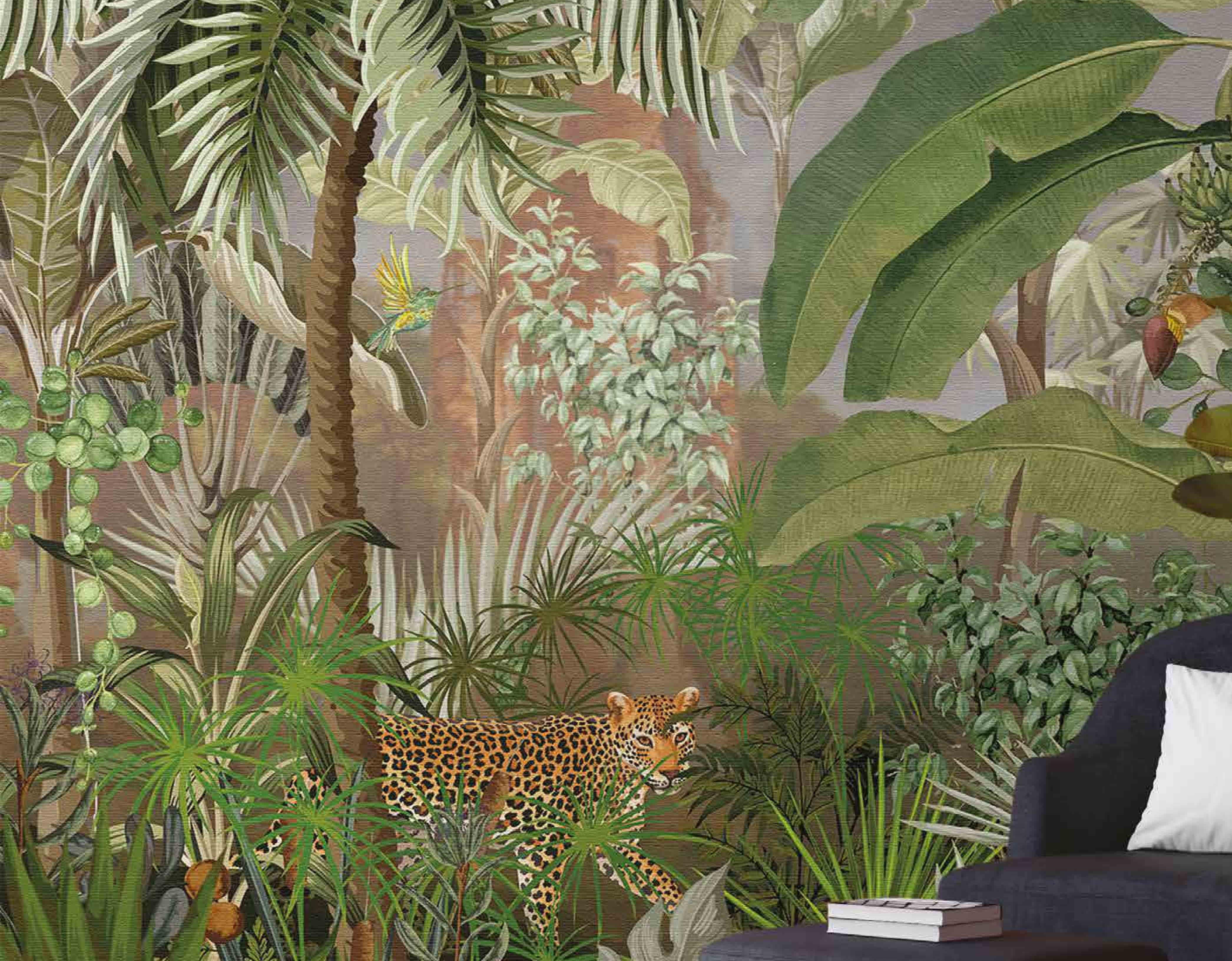 Papier peint panoramique jungle & léopard - papier peint sur mesure francais - muralconcept