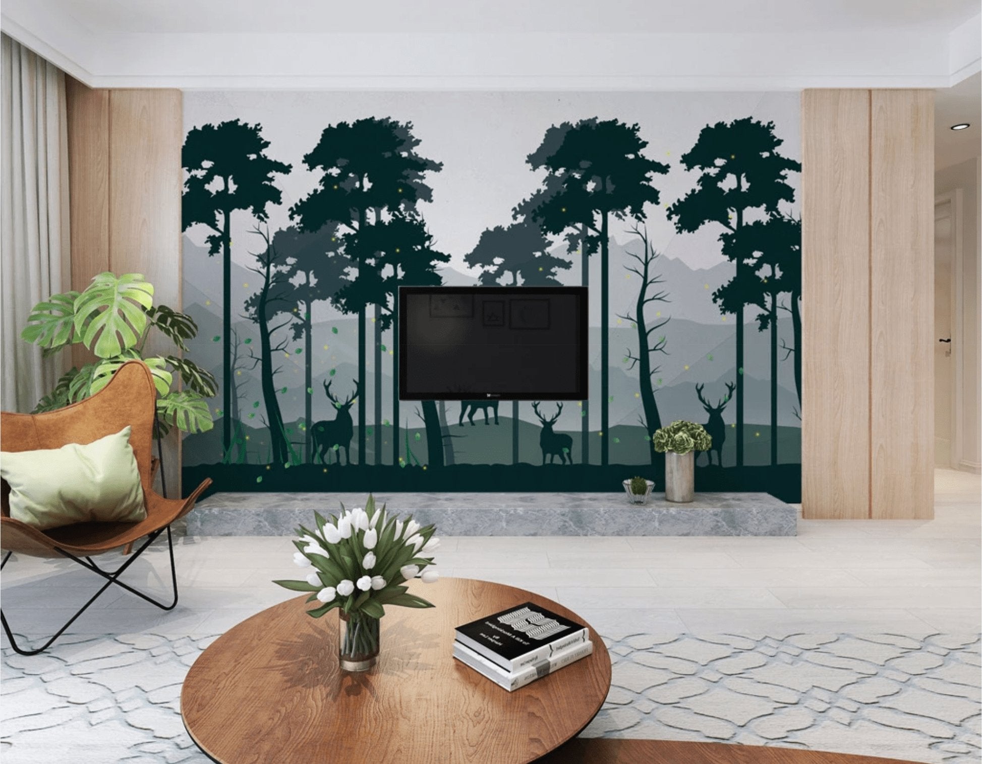 Papier peint panoramique nature forêt cerf vert profond - papier peint sur mesure francais - muralconcept