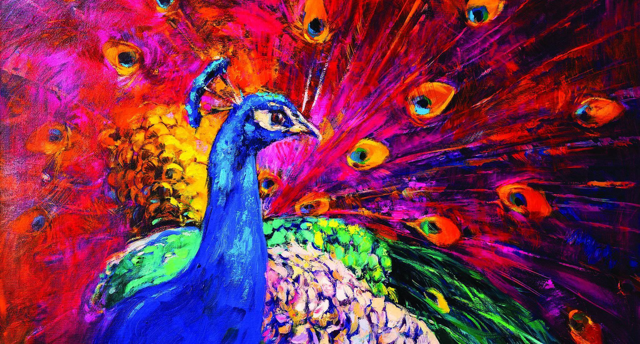 Papier peint panoramique Paon rose peinture - papier peint sur mesure francais - muralconcept