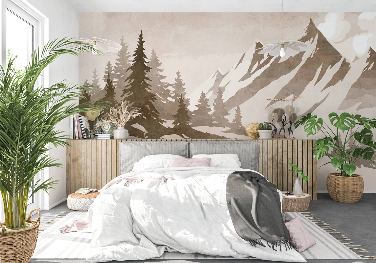 Papier peint sapin et montagne vintage sépia - papier peint sur mesure francais - muralconcept