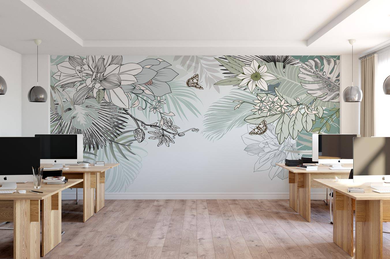 Papier peint tendance nature plante vert d'eau - papier peint sur mesure francais - muralconcept
