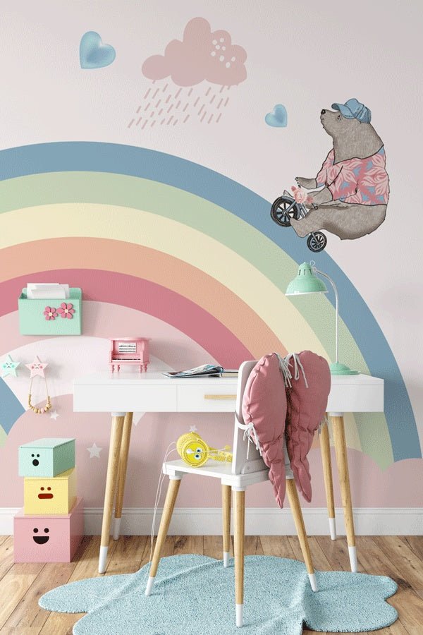 Papier peint arc en ciel et ours à vélo - Muralconceptpapier_peint_sur_mesure