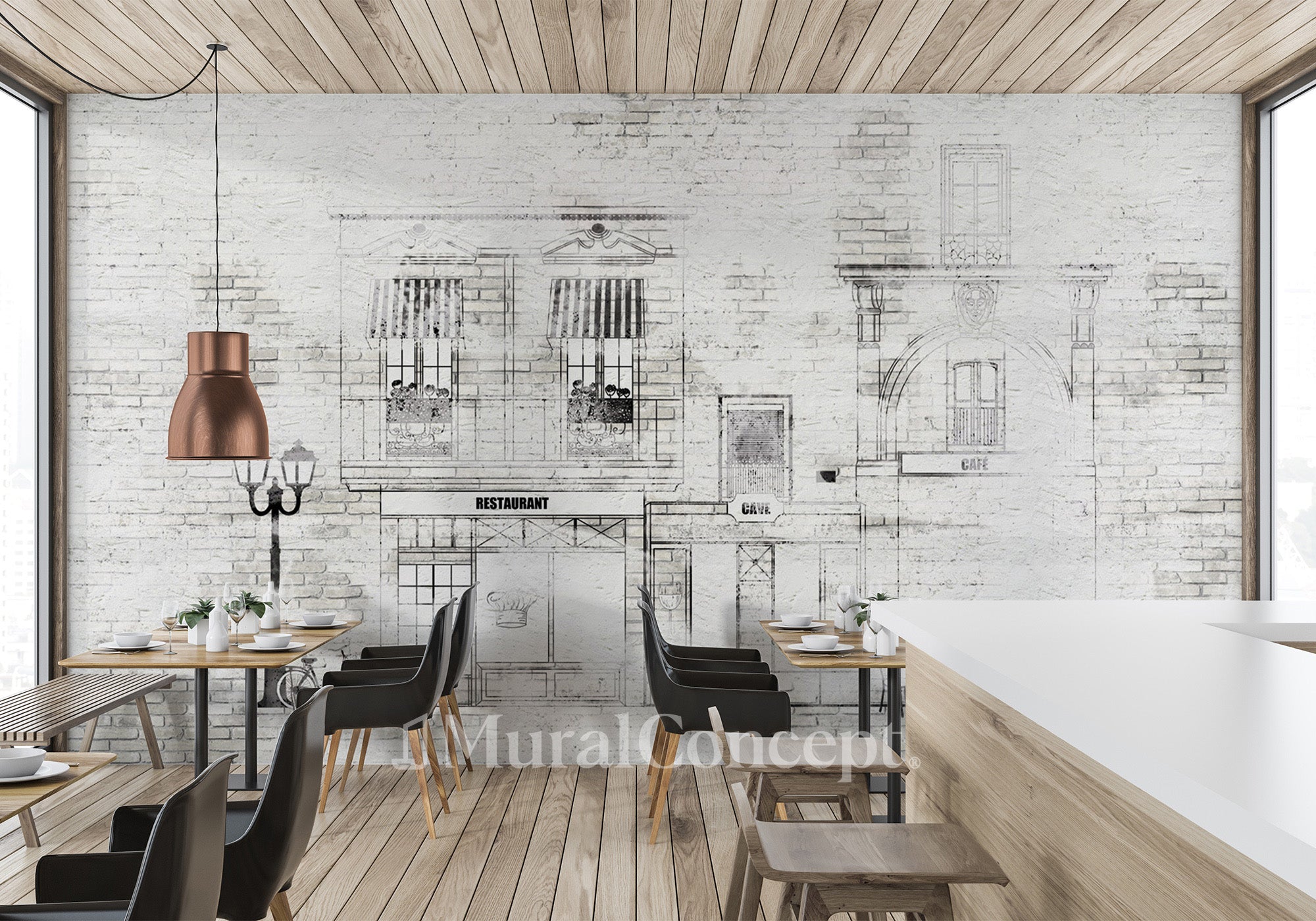 Papier peint bistrot vintage façade parisienne - panoramique français