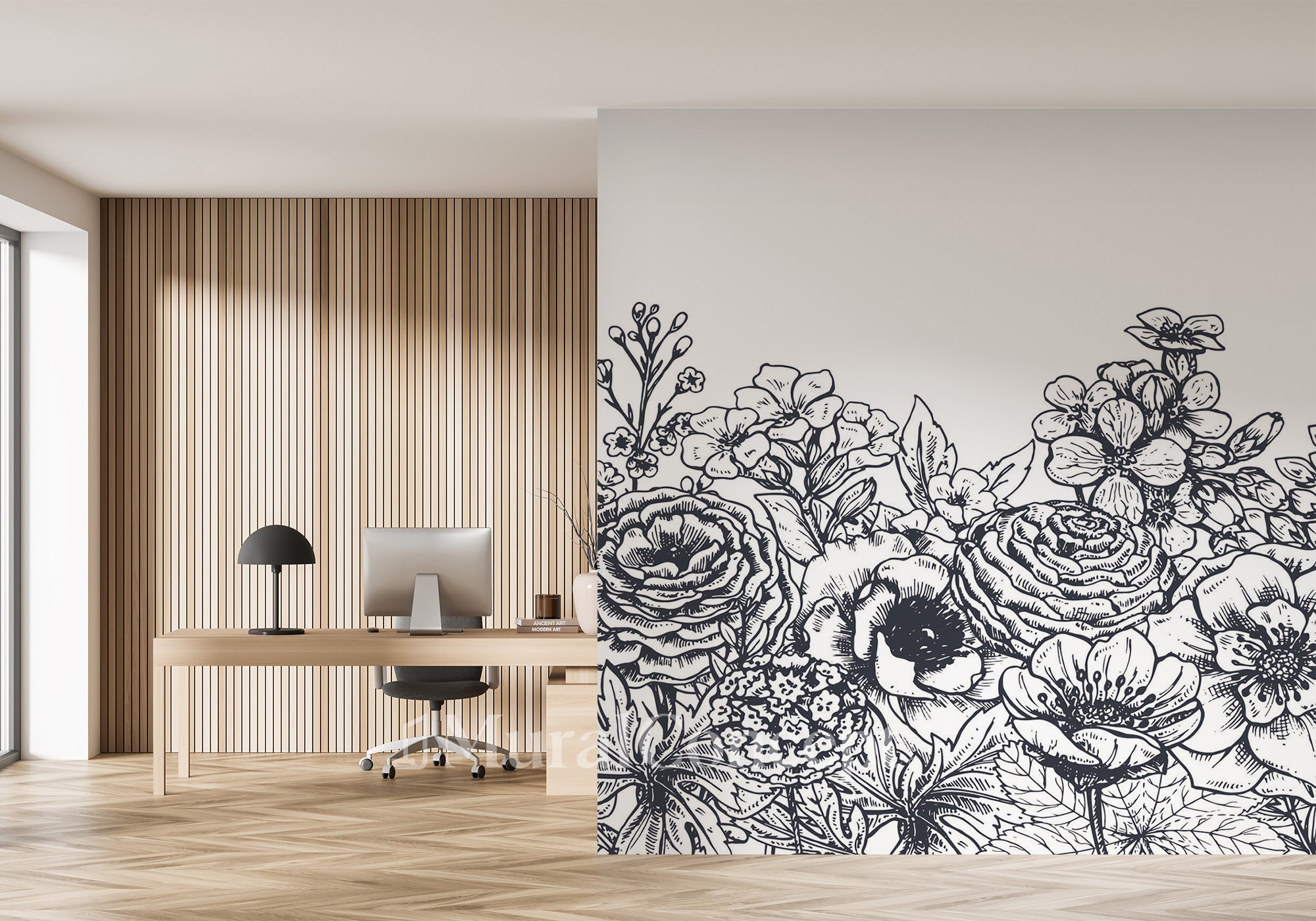 Papier peint bureau bouquet floral noir et blanc - décor mural français