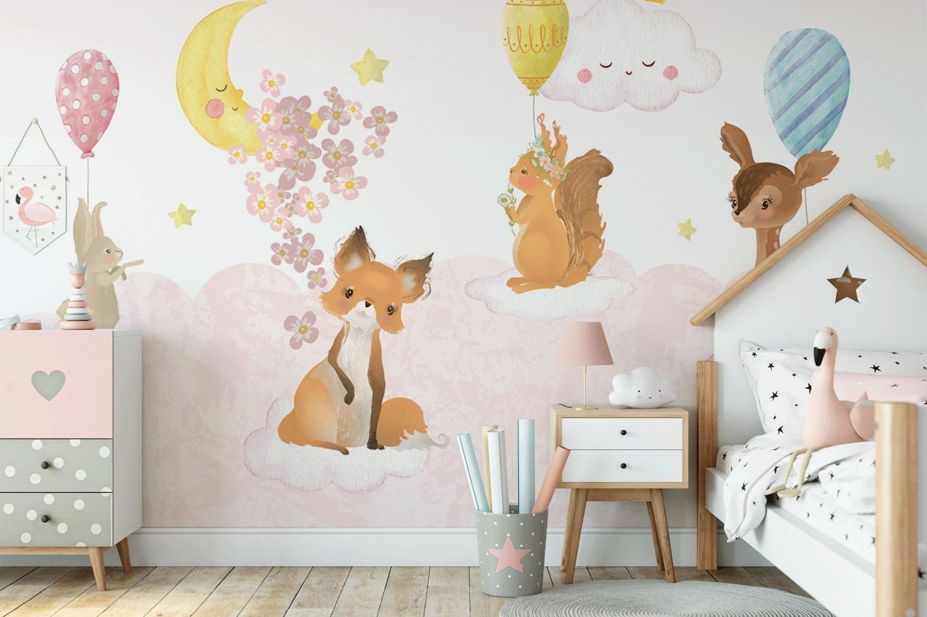 Papier peint chambre bébé animaux rose nuage - Muralconceptpapier_peint_sur_mesure