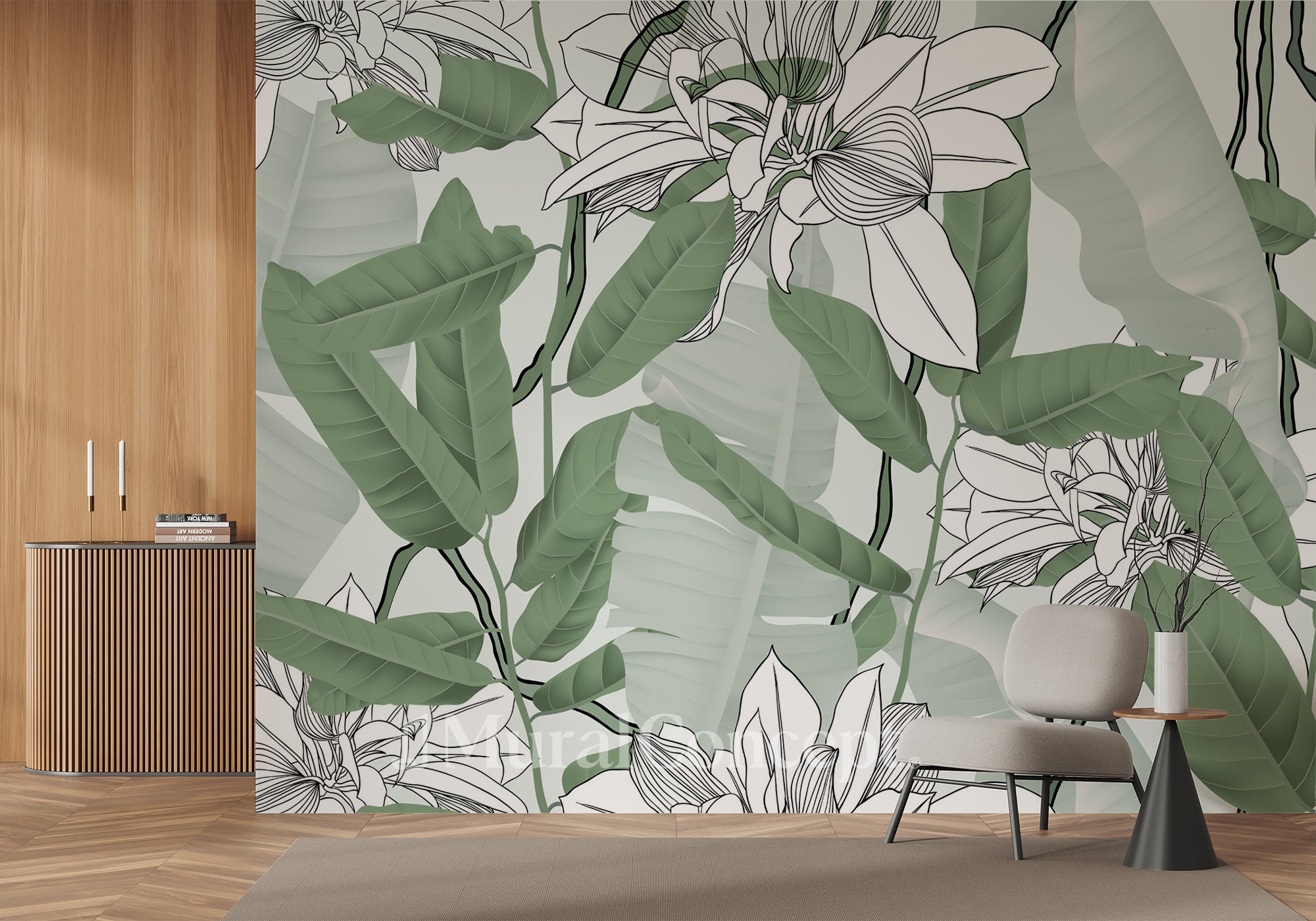 Papier peint feuillage nature vert fleur NB - panoramique français