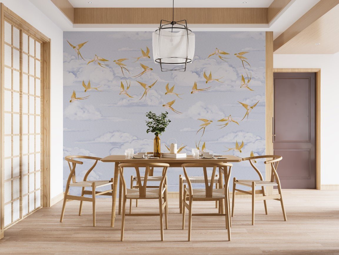 Papier peint nuage poétique oiseau or - Muralconceptpapier_peint_sur_mesure