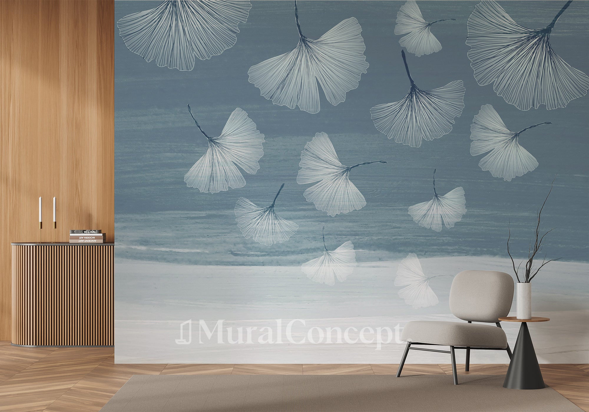 Papier peint panoramique japandi blue gingko - panoramique français