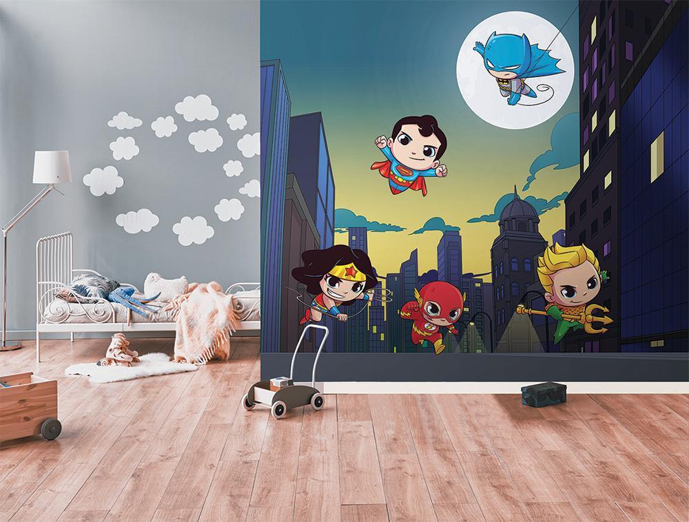 Papier peint panoramique justice league baby BD héro aventures - papier peint sur mesure francais - muralconcept