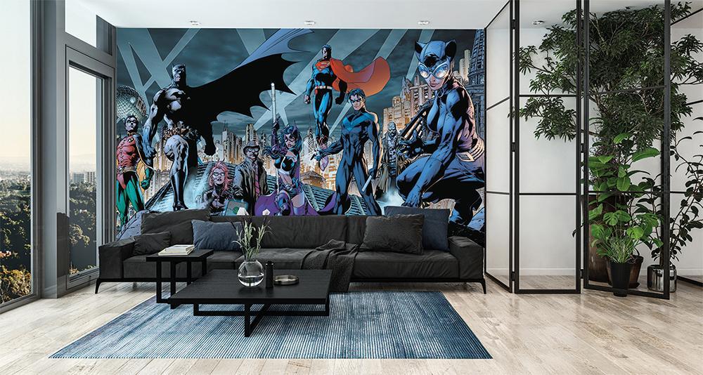 Papier peint panoramique justice league héro dark & blue city - papier peint sur mesure francais - muralconcept