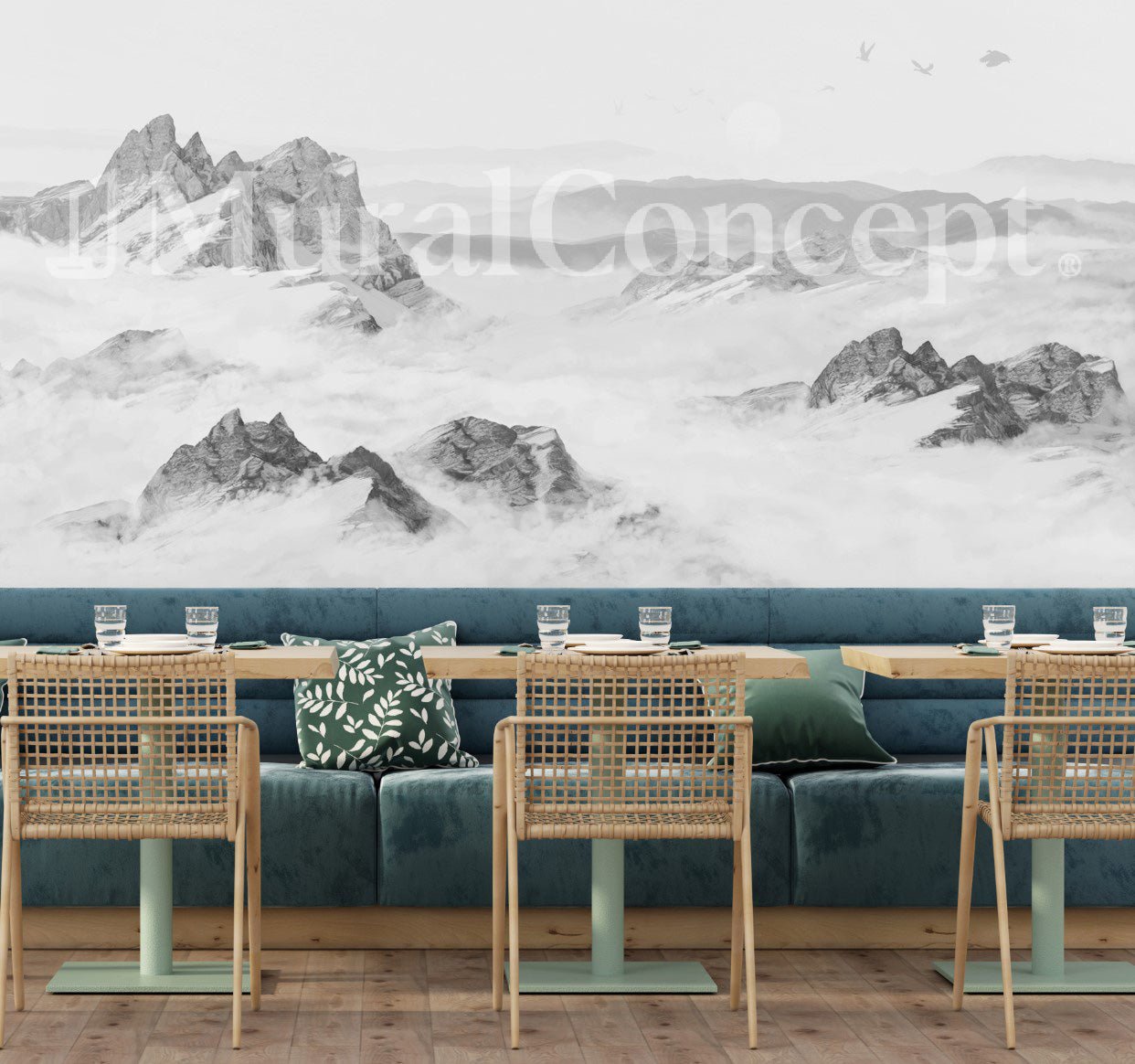 Papier peint restaurant montagne noir et blanc - panoramique français