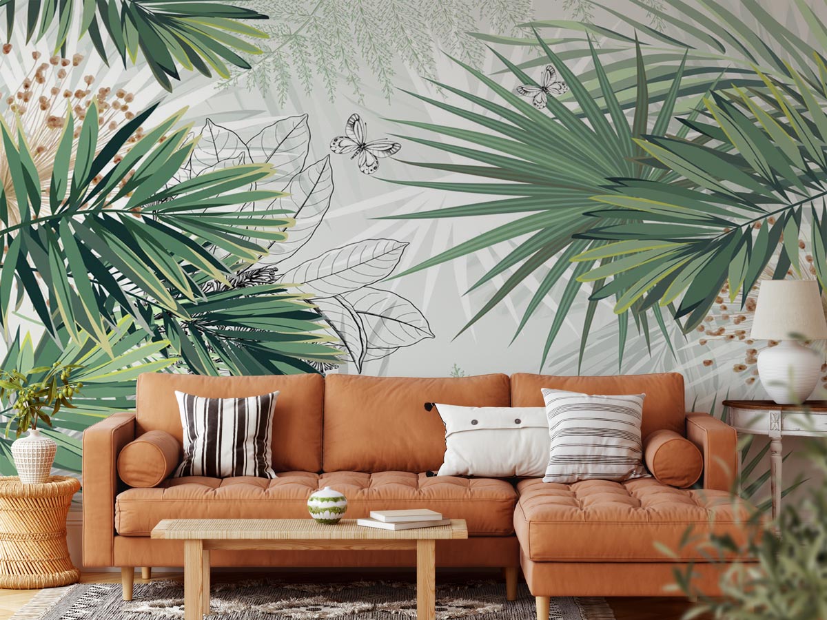 Papier peint panoramique nature green palm - papier peint sur mesure francais - muralconcept