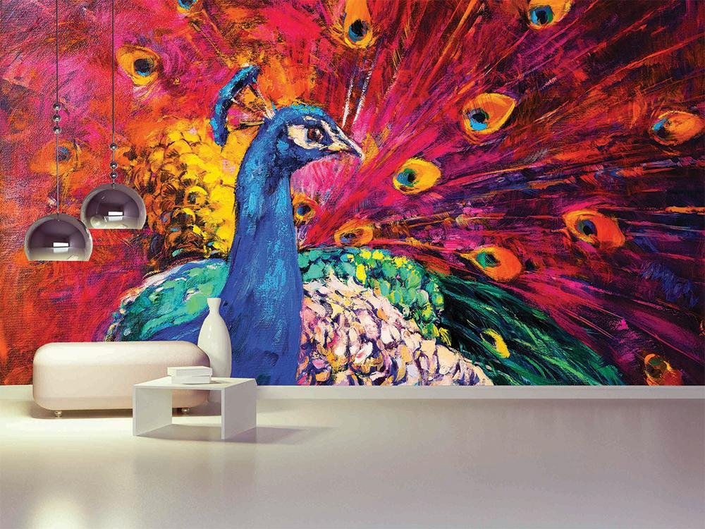 Papier peint panoramique Paon rose peinture - papier peint sur mesure francais - muralconcept