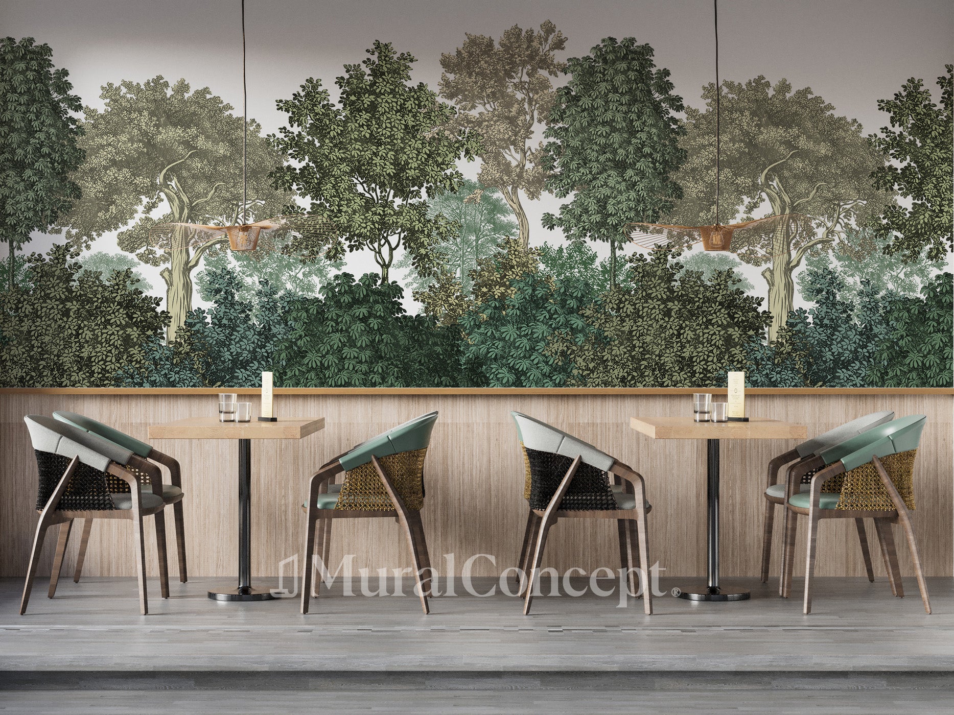 Papier peint restaurant paysage forêt gravure - panoramique français