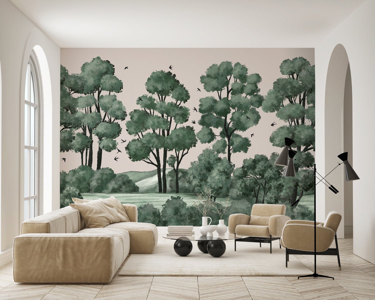 Papier peint paysage rivière forêt, mural concept, tendance