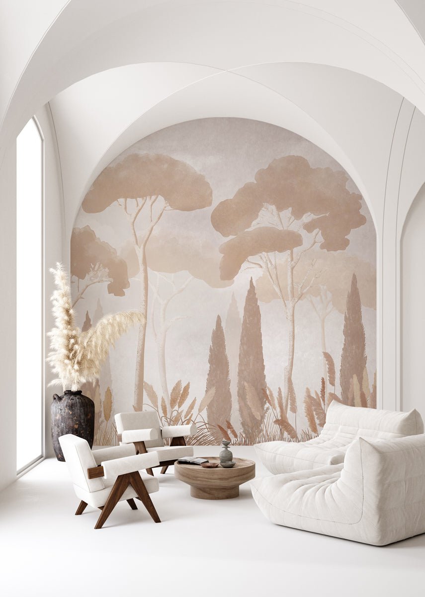 Papier peint sépia cyprès pins, mural concept, tendance