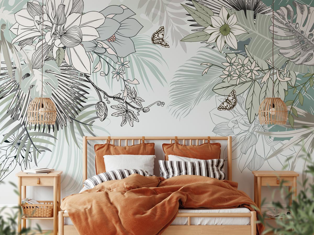 Papier peint tendance nature plante vert d'eau - papier peint sur mesure francais - muralconcept