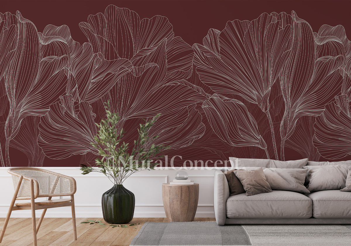 Papier peint panoramique valse des fleurs bordeaux