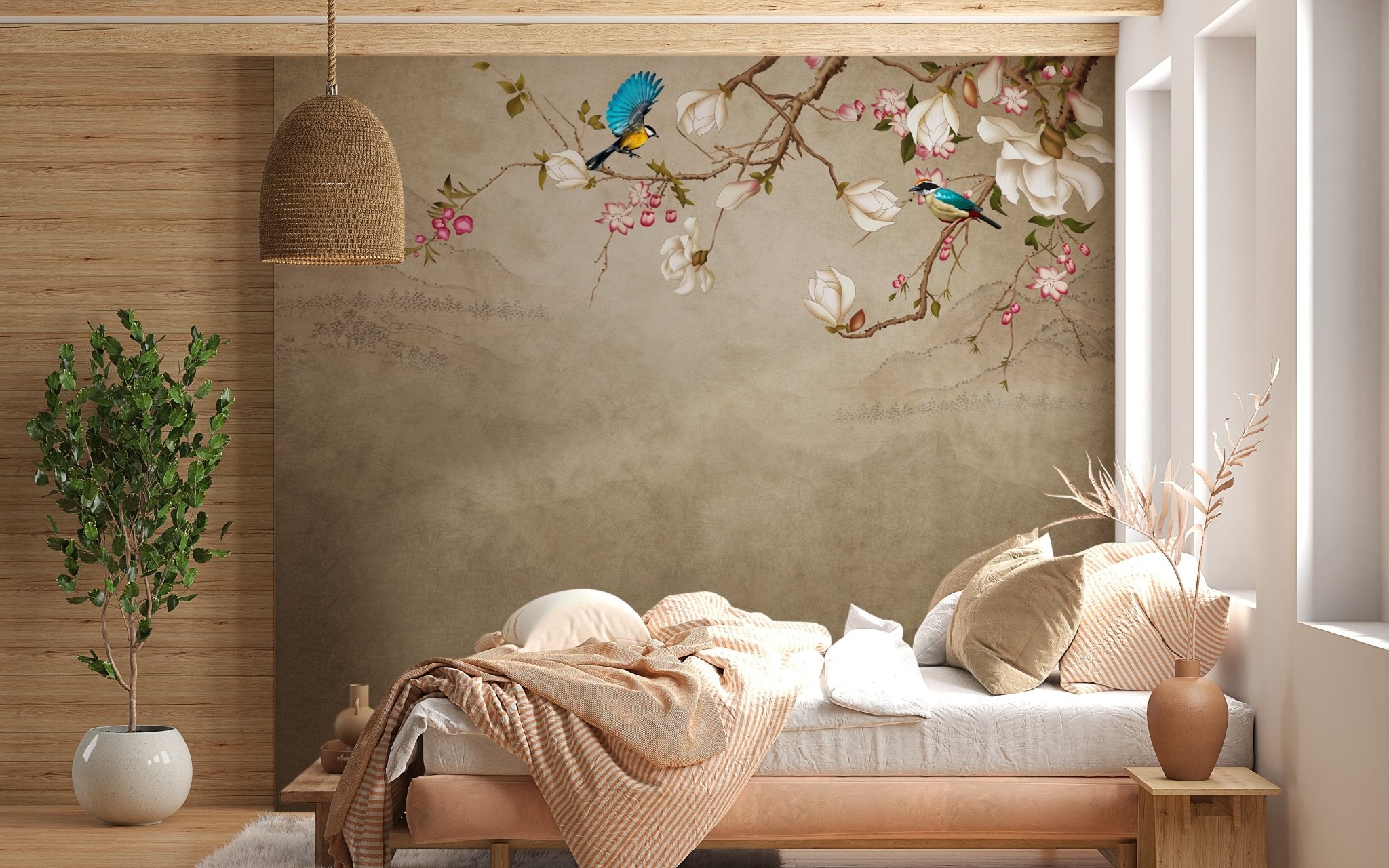 papier peint panoramique branche arbre oiseau bleu