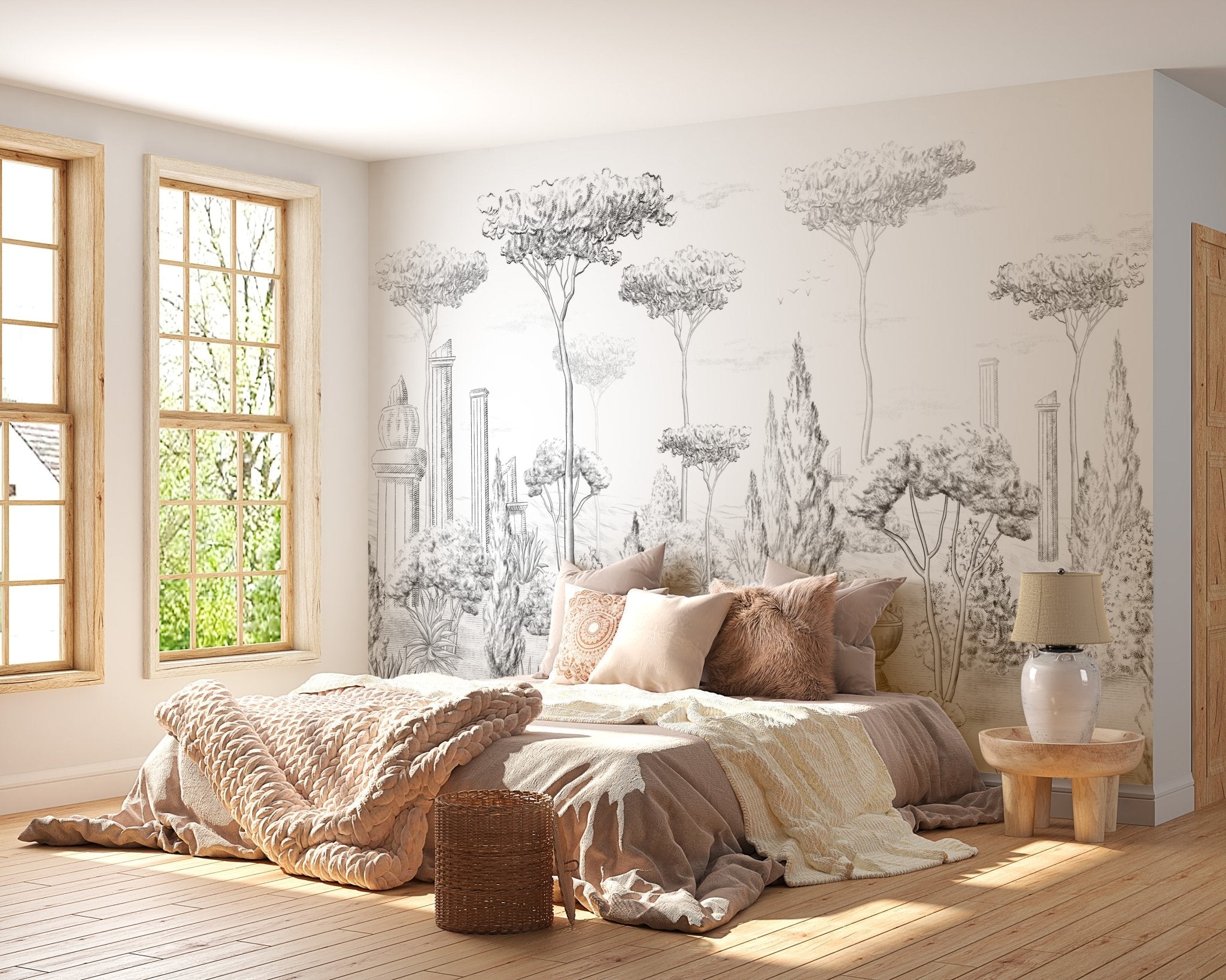 papier peint gravure panoramique chambre noir et blanc