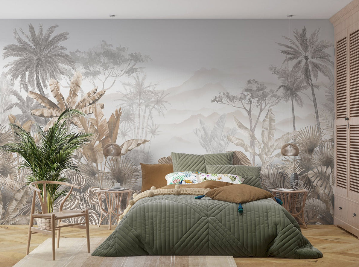 Papier peint panoramique sépia dans une chambre cocooning, douce et enveloppante — MuralConcept