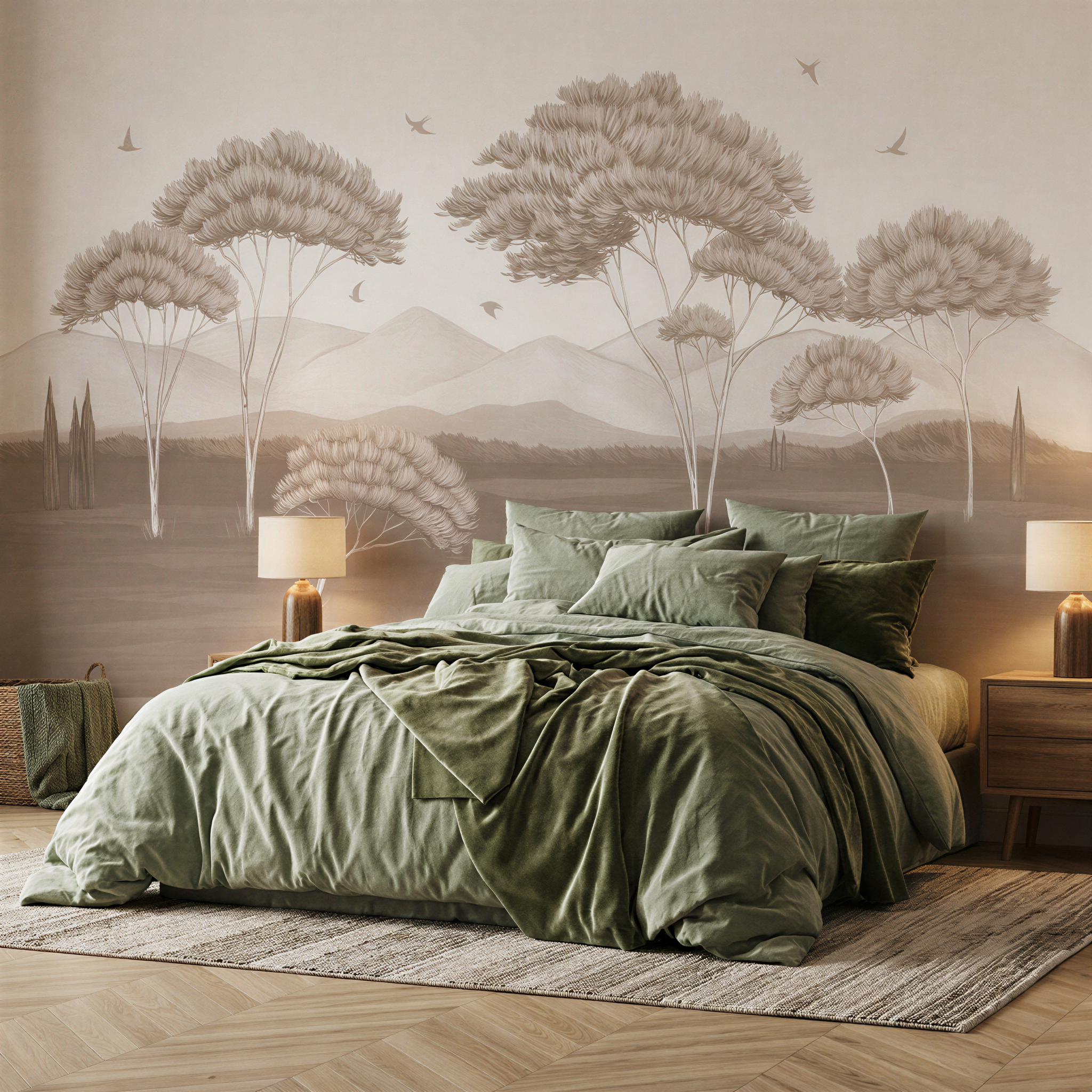A cozy bedroom with green bedding and a nature-themed mural.