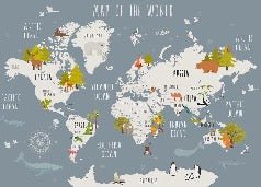 Papier peint Carte du monde illustrée Animaux gris