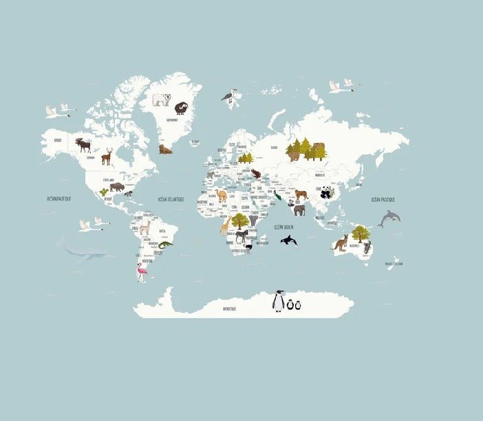 Papier peint Carte du monde en Francais enfant bleu glacier, XXL, tendance