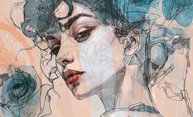 Papier peint visage féminin blue rose