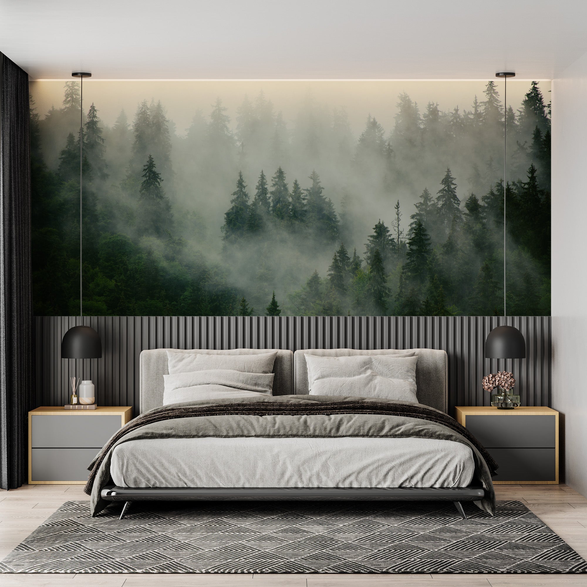 Papier peint forêt brumeuse verte, XXL, tendance