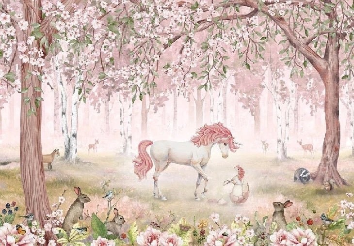 Papier peint licorne féerique rose