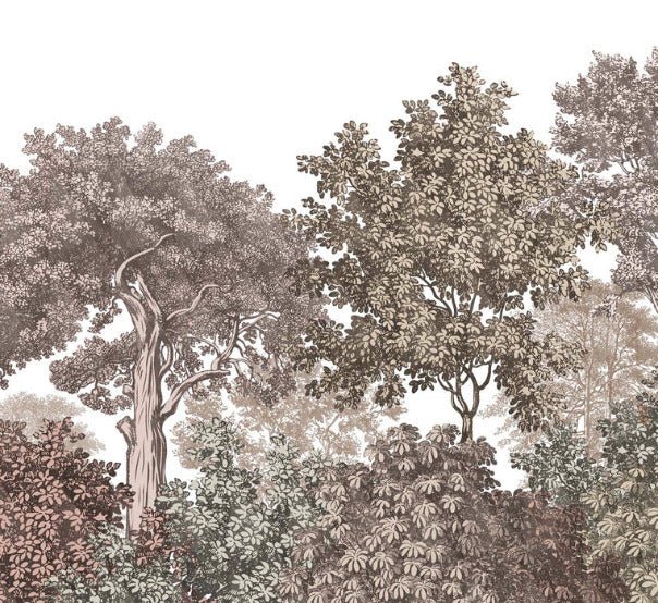 Papier peint paysage forêt gravure rosé