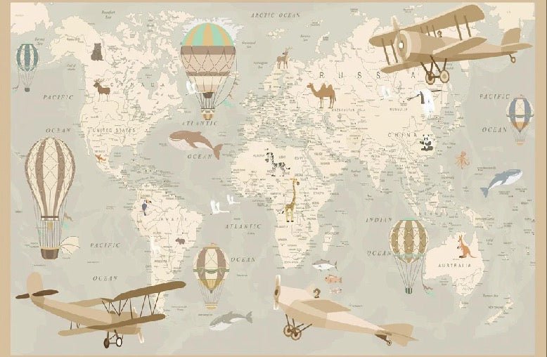 Papier peint enfant carte du monde aviateur