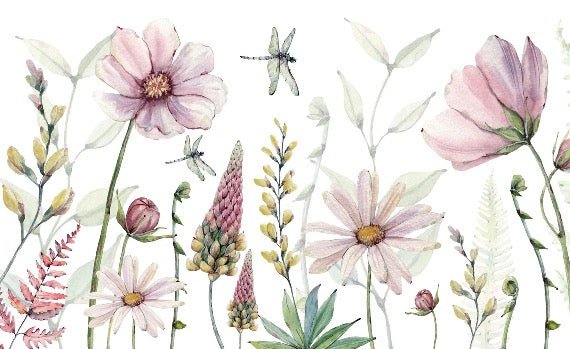 Papier peint fleurs et libellules
