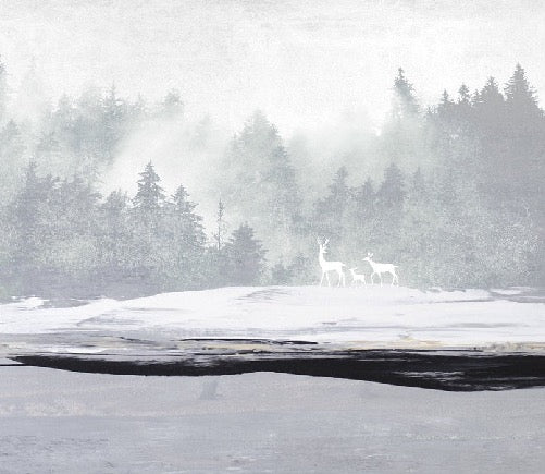 Papier peint forêt brumeuse et cerfs