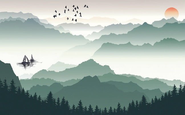 Papier peint montagne et voile sur le lac, mural concept, tendance