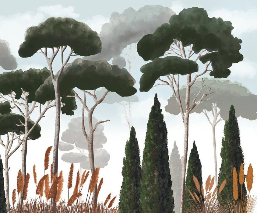 Papier peint sur mesure cyprès pins et herbes de la pampa, XXL, tendance