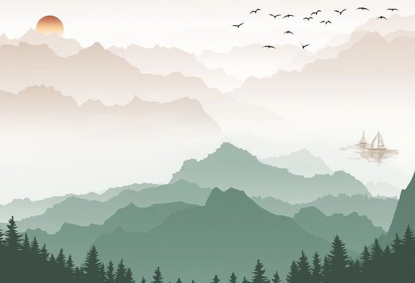 Papier peint montagne dans brume terracotta