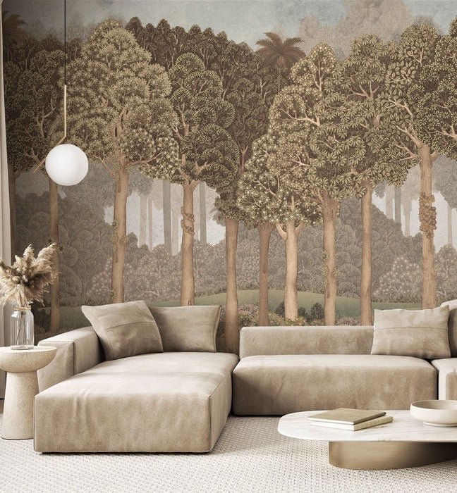 Papier peint grands arbres illustré