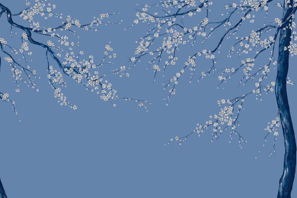 Papier peint panoramique fleur Sakura bleuté