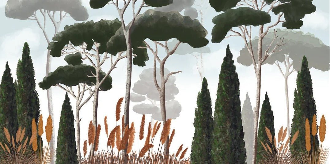 Papier peint sur mesure cyprès pins et herbes de la pampa, XXL, tendance