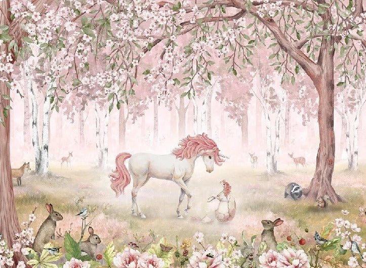 Papier peint licorne féerique rose