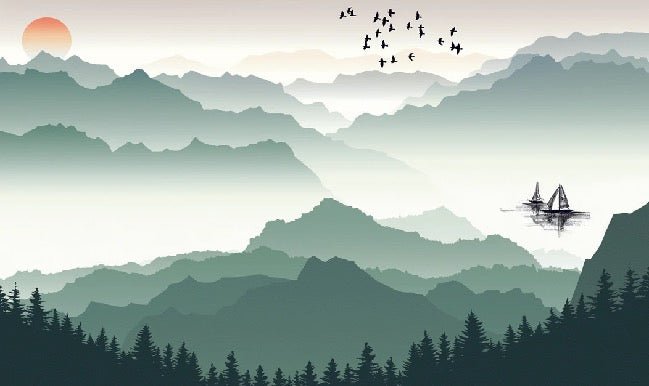 Papier peint montagne et voile sur le lac, mural concept, tendance