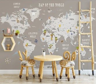 Papier peint enfant Carte du monde couleur taupe, XXL, tendance