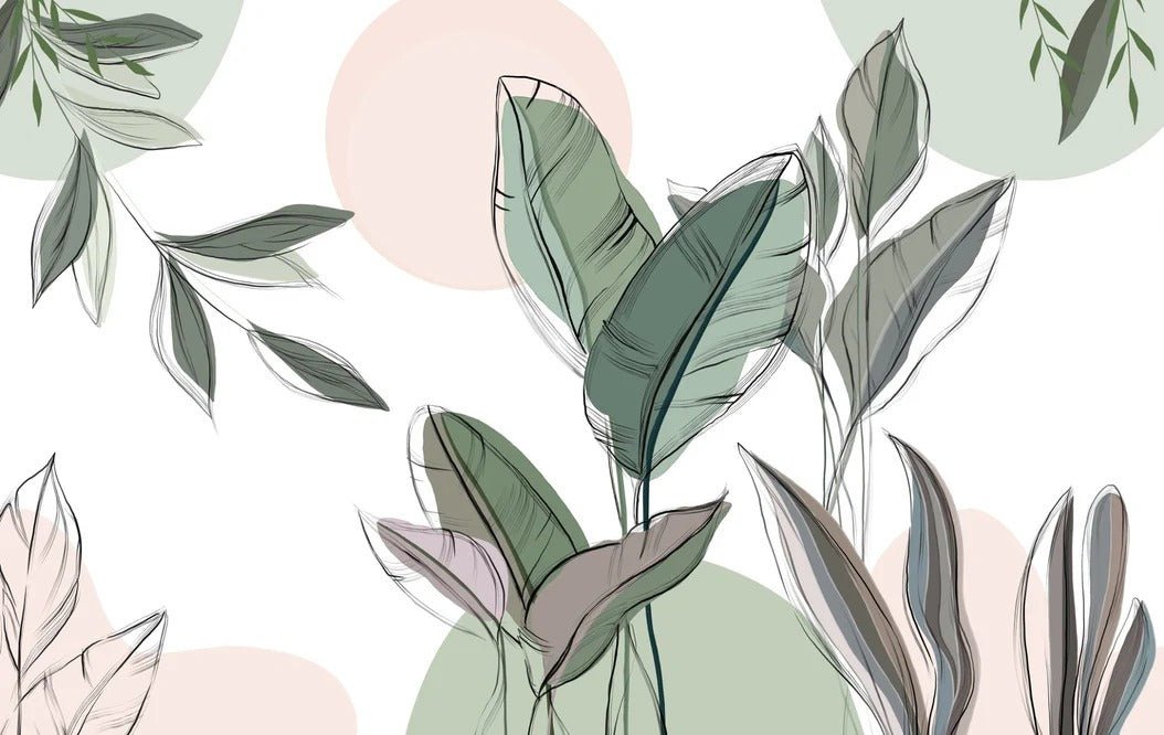 Papier peint panoramique végétal graphique vert, XXL, tendance