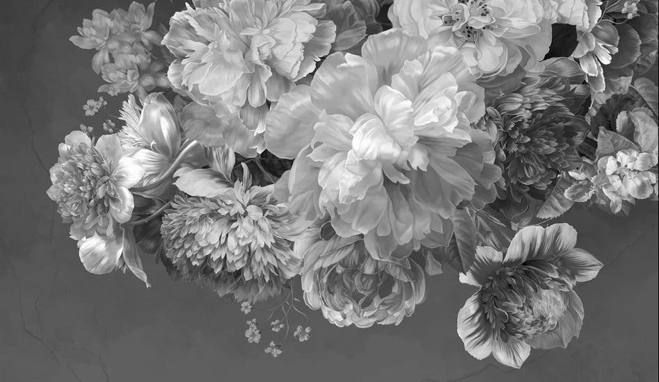 Papier peint fleur pivoine noir et blanc