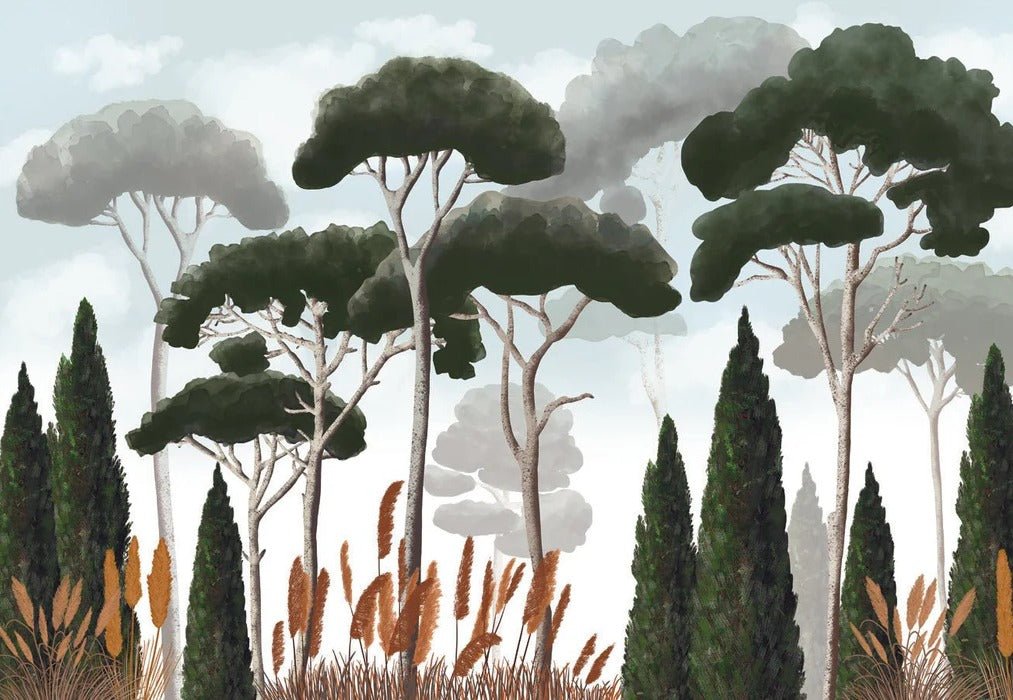 Papier peint sur mesure cyprès pins et herbes de la pampa, XXL, tendance